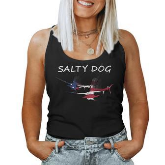 Salty Dog American Flag Marlin Skeletons Fisherman Women Tank Top | Mazezy