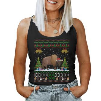 Santa Bison Animal Xmas Lighting Ugly Bison Christmas Women Tank Top | Mazezy