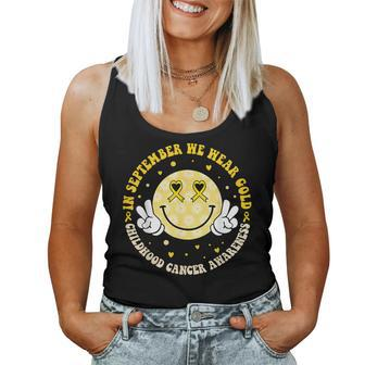 In September We Wear Gold Childhood Cancer Awareness Groovy Women Tank Top | Mazezy