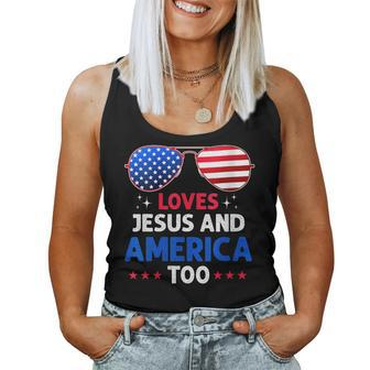 She Loves Jesus And America Too 4Th Of July Retro Usa Flag Usa Women Tank Top | Mazezy