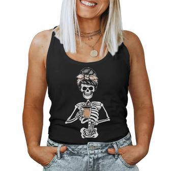 Skeleton Messy Bun Coffee Drinking Halloween Costume Women Tank Top - Monsterry AU