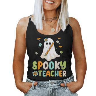 Spooky Teacher Ghost Holding Pencil Halloween Teaching Women Tank Top - Monsterry