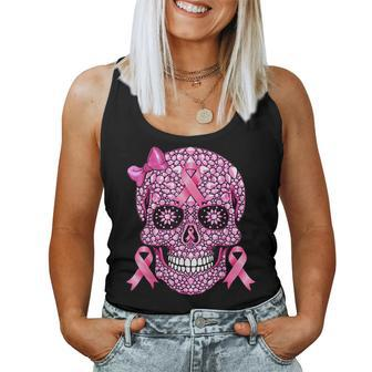 Sugar Skull Pink Ribbon Breast Cancer Awareness Girls Women Tank Top - Seseable