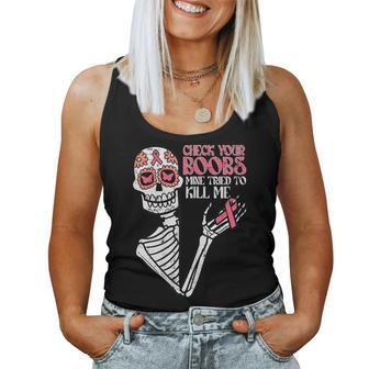 Sugar Skull Skeleton Breast Cancer Awareness Women Tank Top - Monsterry