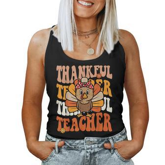 Thankful Teacher Retro Groovy Thanksgiving Turkey Teacher Women Tank Top - Thegiftio UK