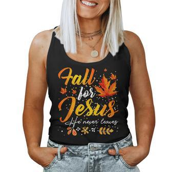 Thanksgiving Autumn Fall Jesus He Never Leaves Women Tank Top | Mazezy