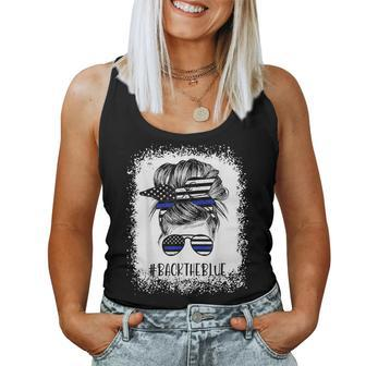 The Blue Line Flag Back The Blue Bleached Messy Bun Women Tank Top Weekend Graphic - Seseable