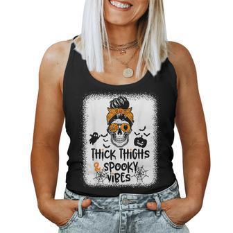 Thick Thighs And Spooky Vibes Messy Bun Girl Halloween Women Tank Top - Monsterry CA