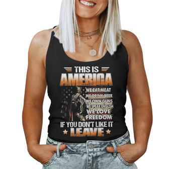 This Is America We Eat Meat We Drink Beer We Own Guns Back Women Tank Top Weekend Graphic - Monsterry