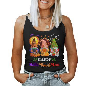 Three Gnomes Halloween Merry Christmas Happy Hallothanksmas Women Tank Top | Mazezy