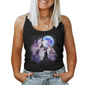 Three Grey Wolf Howling At The Moon 3 Wolves Space Galaxy Women Tank Top | Mazezy