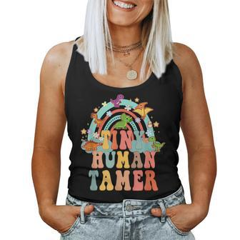 Tiny Human Tamer Groovy Rainbow Daycare Provider Teacher Women Tank Top | Mazezy