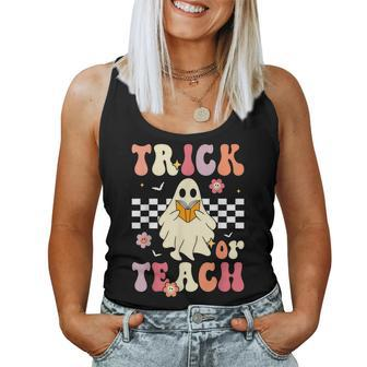 Trick Or Teach Groovy Halloween Retro Floral Ghost Teacher Women Tank Top - Seseable