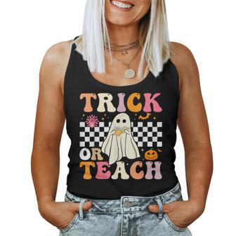 Trick Or Teach Groovy Halloween Retro Floral Ghost Teacher Women Tank Top - Seseable