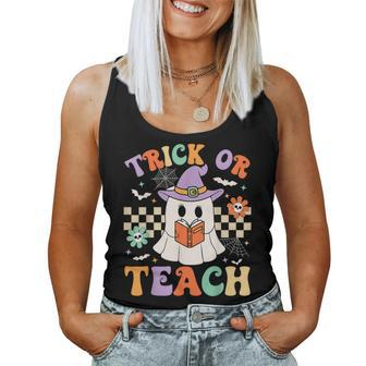 Trick Or Teach Groovy Teacher Halloween Retro Floral Ghost Women Tank Top - Seseable