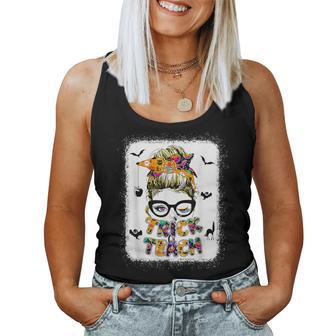 Trick Or Teach One Spooky Teacher Messy Bun Halloween Women Tank Top - Monsterry UK