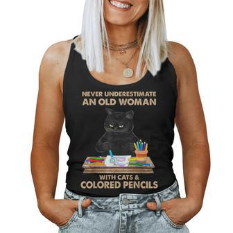 Never Underestimate An Old With Cats & Colored Pencils Women Tank Top - Seseable