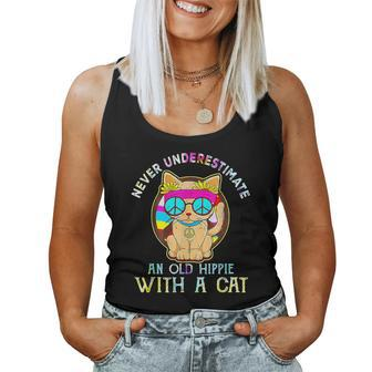Never Underestimate An Old Hippie With A Cat Hippie Girls Women Tank Top | Mazezy