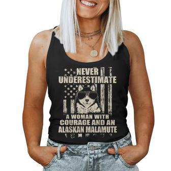 Never Underestimate Woman And An Alaskan Malamute Usa Flag Women Tank Top - Thegiftio UK
