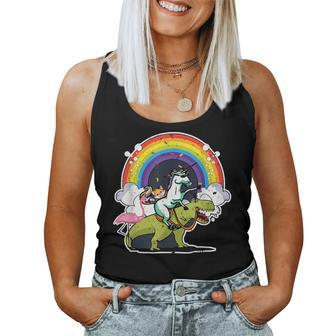 Unicorn Riding T Rex With A Cat Flamingo And A Rainbow Women Tank Top | Mazezy