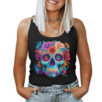 Vibrant Sugar Skull And Flower Bouquet Print Women Tank Top | Mazezy