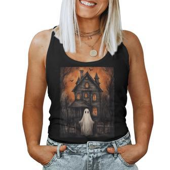 Vintage Ghost Haunted House Halloween Ghost House Midnight Women Tank Top - Seseable