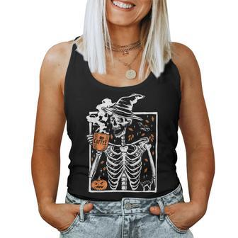 Vintage Halloween Skeleton Drinking Coffee Smiling Skull Drinking s Women Tank Top | Mazezy