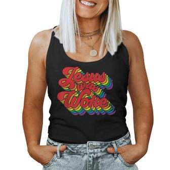 Vintage Retro Christian Ally Pride Rainbow Jesus Was Woke Women Tank Top Basic Casual Daily Weekend Graphic - Seseable