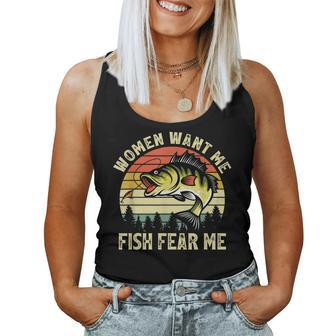 Vintage Women Want Me Fish Bass Fear Me Funny Lover Fishing Women Tank Top Weekend Graphic - Seseable