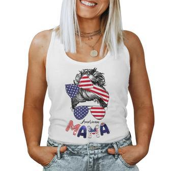 4Th Of July American Mama Messy Bun Mom Life Patriotic Mom For Mom Women Tank Top | Mazezy