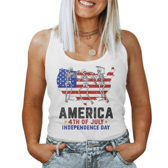 America Dancing Skeletons & Usa Flag Independence Day Dancing Women Tank Top | Mazezy