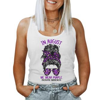 In August We Wear Purple Ribbon Overdose Awareness Messy Bun Women Tank Top - Monsterry