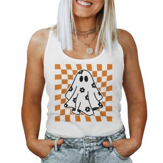 Checkered Daisy Ghost Floral Ghost Halloween Groovy Ghost Women Tank Top - Monsterry UK