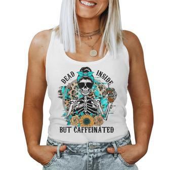 Dead Inside But Caffeinated Skeleton Flower Drinking Coffee Women Tank Top Basic Casual Daily Weekend Graphic - Thegiftio UK