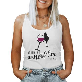 Drinking Wine And Feline Fine Cat Lady Women Tank Top - Seseable