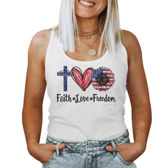 Faith Love Freedom Sunflower Jesus American Flag 4Th Of July Women Tank Top Basic Casual Daily Weekend Graphic - Thegiftio UK