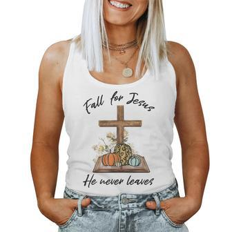 Fall For Jesus He Never Leaves Pumpkin Halloween Christian Halloween Women Tank Top | Mazezy