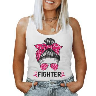 Fighter Messy Bun Breast Cancer Awareness Pink Warrior Women Tank Top - Seseable