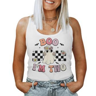 Groovy Boo I'm Two 2Nd Birthday Halloween Ghost Women Tank Top - Seseable