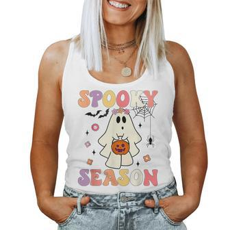 Groovy Halloween Ghost Holding Pumpkin Spooky Season Women Tank Top | Mazezy