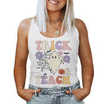 Groovy Teacher Halloween Trick Or Teach Retro Floral Ghost Women Tank Top | Mazezy