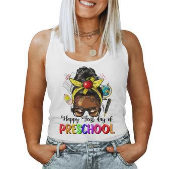 Happy First Day Of Preschool Afro Teacher Pre-K Messy Bun Women Tank Top | Mazezy