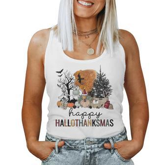 Happy Hallothanksmas Coffee Halloween Thanksgiving Christmas Women Tank Top | Mazezy
