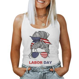 Happy Labor Day For All Workers Messy Bun American Flag Women Tank Top | Mazezy