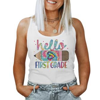 Hello First Grade Leopard Tie Dye Pencil Cute Teacher Women Tank Top - Monsterry