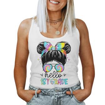 Kids Hello 1St Grade Messy Hair Bun Girl Back To School First Day Women Tank Top Weekend Graphic - Seseable