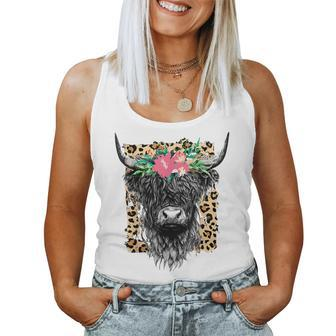 Leopard Floral Highland Cow Heifer Cattles Western Country Women Tank Top Weekend Graphic - Seseable