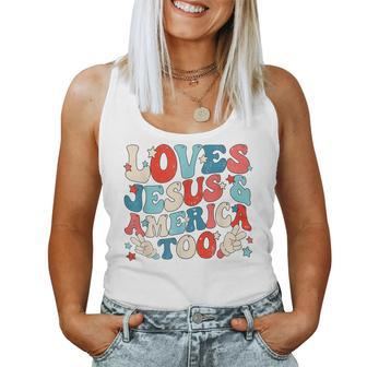 Loves Jesus And America Too Groovy 4Th Of July God Christian Women Tank Top Basic Casual Daily Weekend Graphic - Thegiftio UK