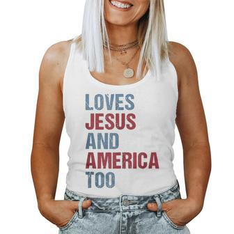 Loves Jesus And America Too Patriotic Christian 4Th Of July Women Tank Top Basic Casual Daily Weekend Graphic - Seseable