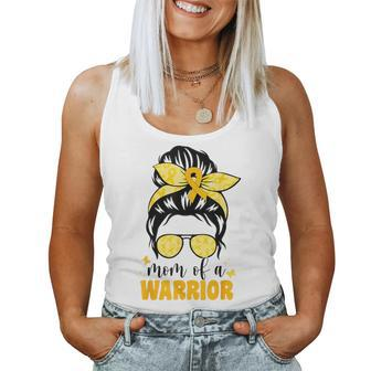 Mom Of A Warrior Childhood Cancer Messy Bun Gold Ribbon Mama Women Tank Top | Mazezy CA